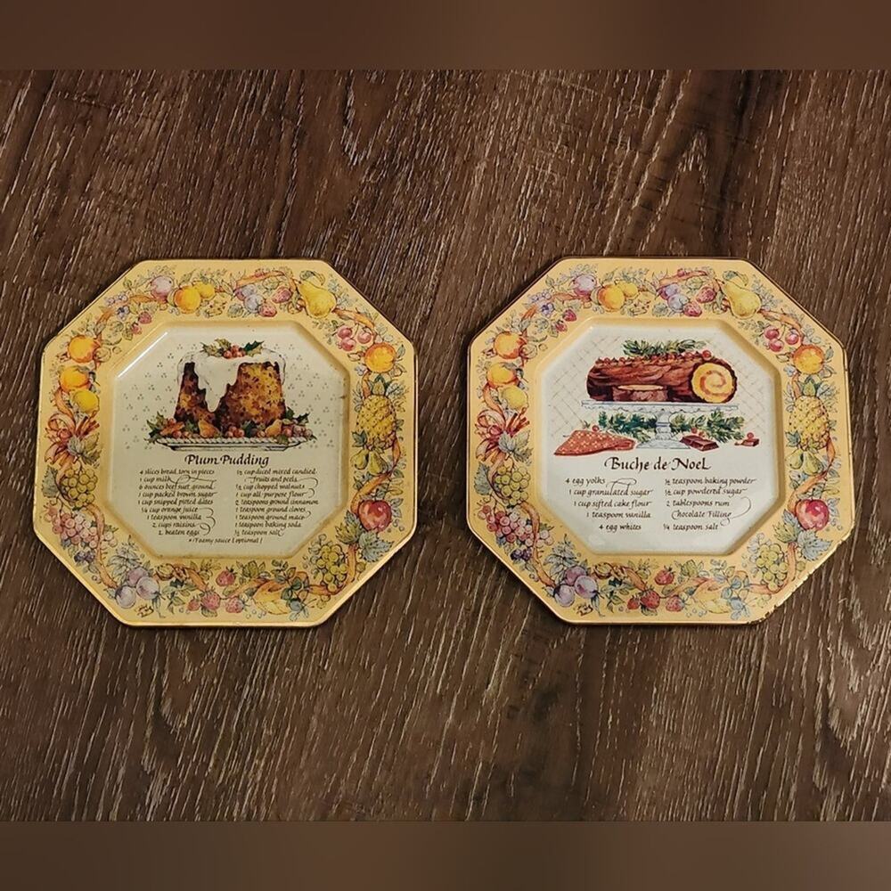 Vintage 1982 Avon Christmas Recipe Tin Wall Plaques Plum Pudding Buche de Noel